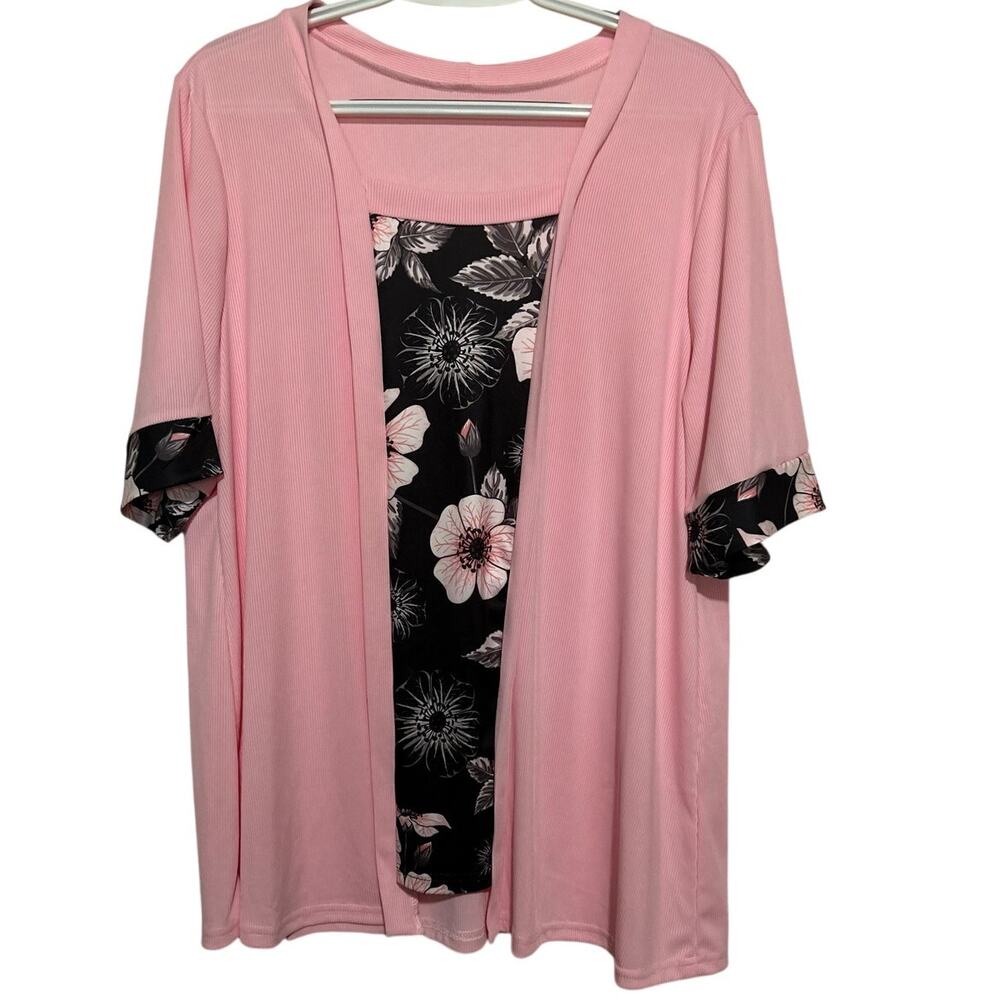 Women's Pink Black Gray Floral Short Sleeve Ribbed Blouse Size 1XL